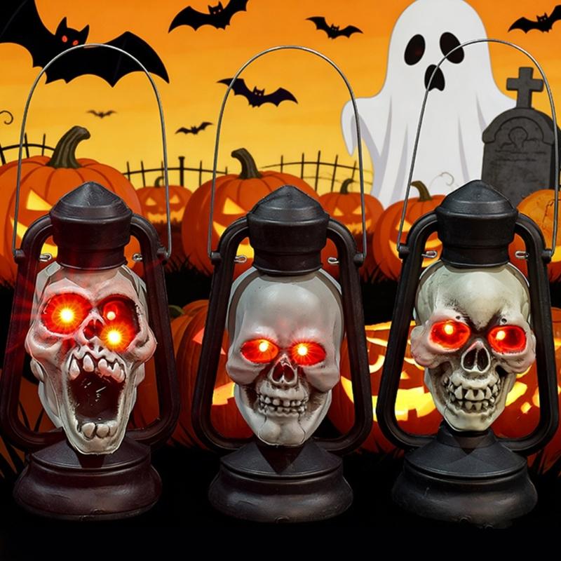 Retro Style Skull Head Light Handheld Skeleton Head Light Halloween Decoration With Handle For Home And Outdoor Parties