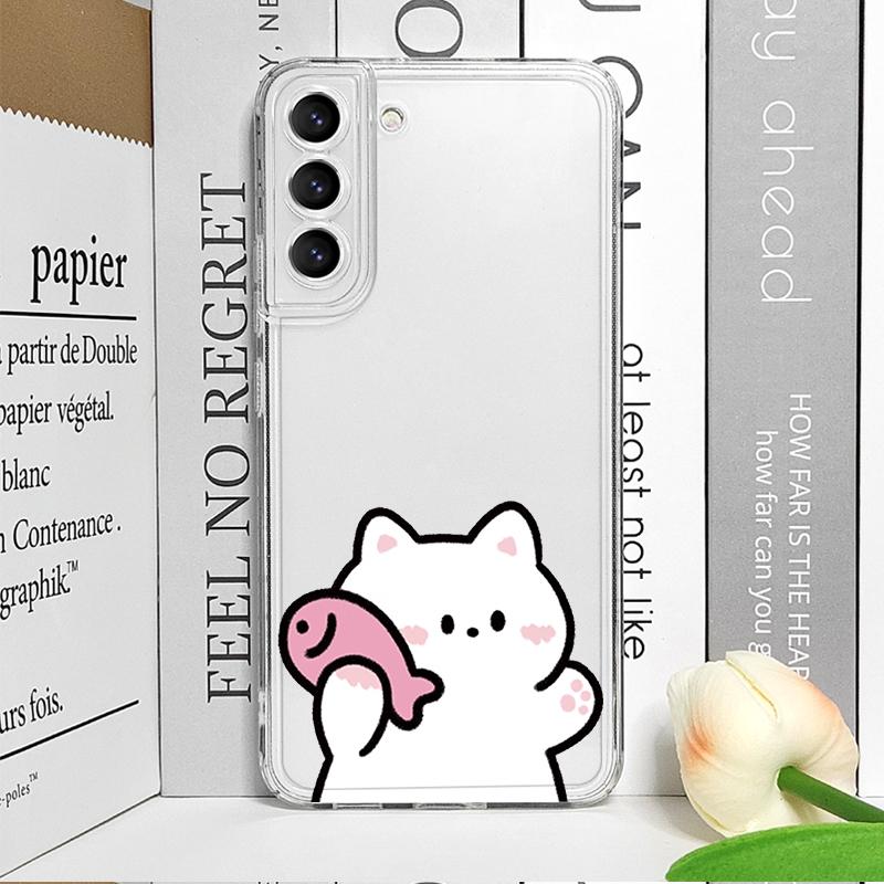Funny Cartoon Cat Fish Couple Paired Phone Case for Samsung Galaxy S25 Ultra S24 S23 S22 S21 S20 Plus FE A55 5G Clear Soft Cover