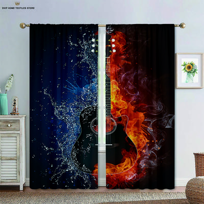 Creative Printing Curtains for Bedroom, Living Room, Kitchen Decorative Curtains, Water and Fire Music Guitar, 2 Pcs Set