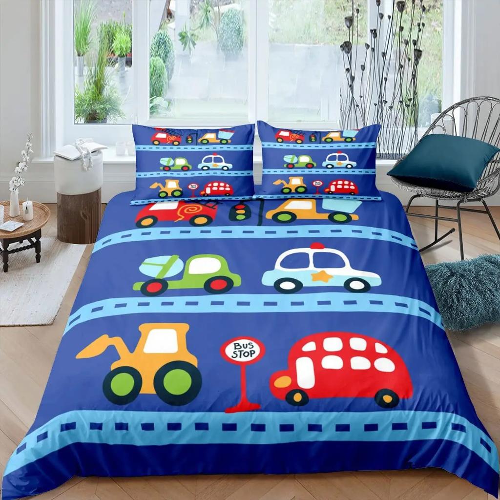 Truck Excavator King Queen Duvet Cover Yellow Tractor Bedding Set For Kids Boys Girls Cartoon Car Transporter 2/3Pcs Quilt Cover