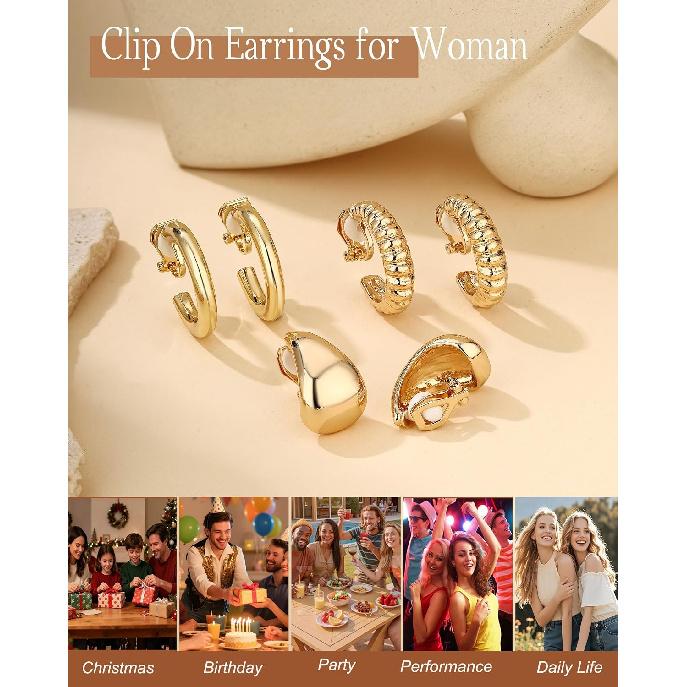 7 Pairs Gold Clip On Earrings for Women | Non Pierced Hypoallergenic Earring CZ Chunky Clip On Hoop Earrings 14K Gold Plated Ear Clips Fake Earring