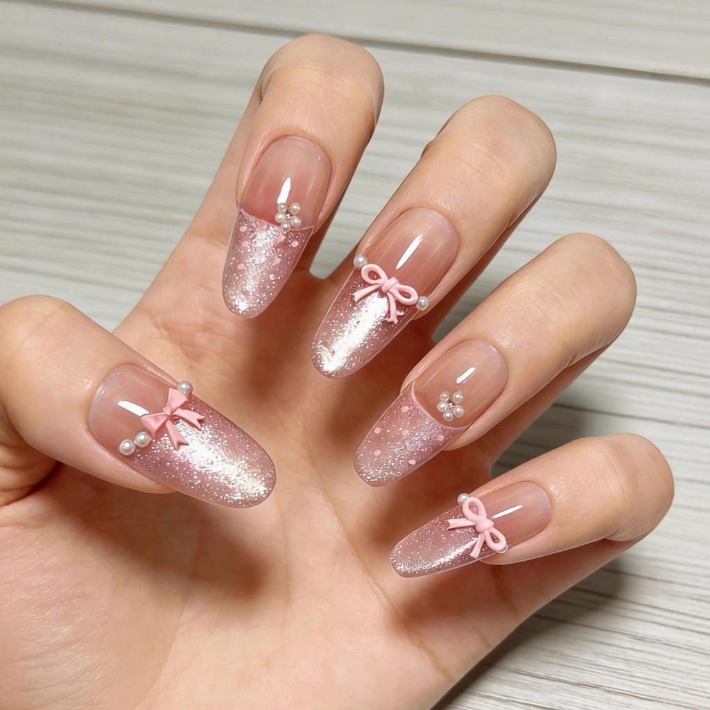 Romantic Cat-eye Peach Pink French Manicure Patches Pearl Bow Love Wear Manicure 10 Pieces Of Manicure