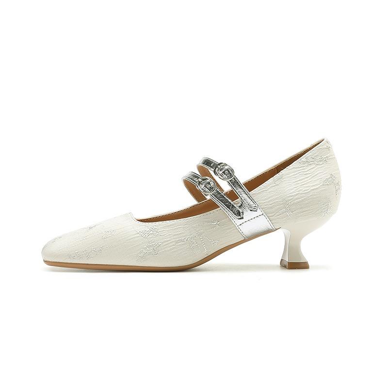 3-Satin high heels for women, not tired feet, shallow mouth square head, one-word single shoes, professional commuter work shoes with skirts