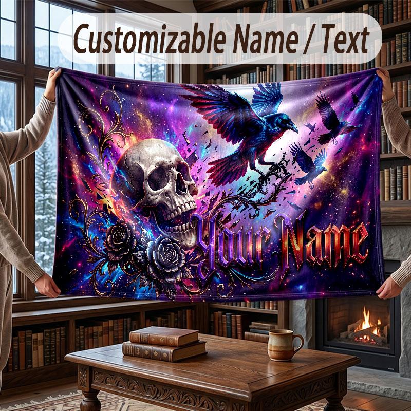 Skull Gothic Theme Throw Blanket Custom Name Text Personalized Blanket Soft Cozy Blanket for Home Sofa Bed