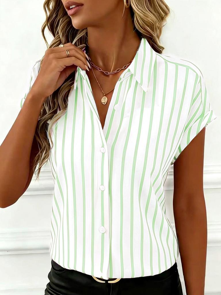 Striped Blouse For Women With Polyester Fabric Short Sleeve Office Style For Spring 2026