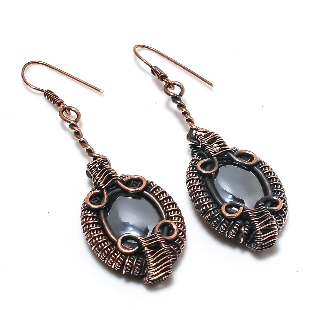 Shungite Handmade Gemstone Earrings, 999 Copper Wire Wrapped Earrings Antique Jewelry, For Thanksgiving