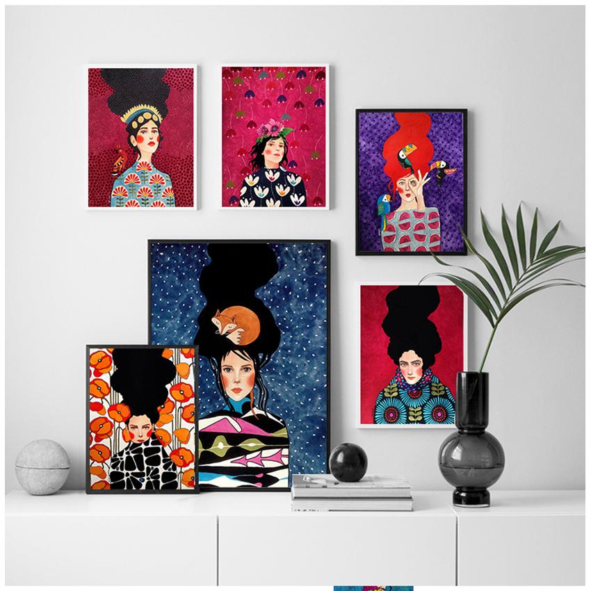 Abstract Girl Hair Flower Bird Posters and Prints Vintage Wall Art Canvas Painting Wall Pictures for Living Room Decor