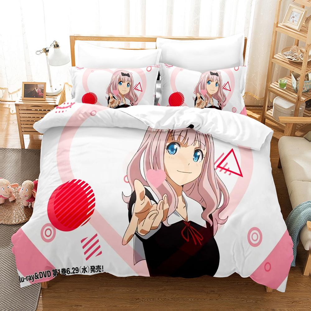 Kaguya Sama Love Is War Bedding Set 3PCS Kaguya Shinomiya Maid Outfit Red Heart Background Anime Print Duvet Cover All Sizes