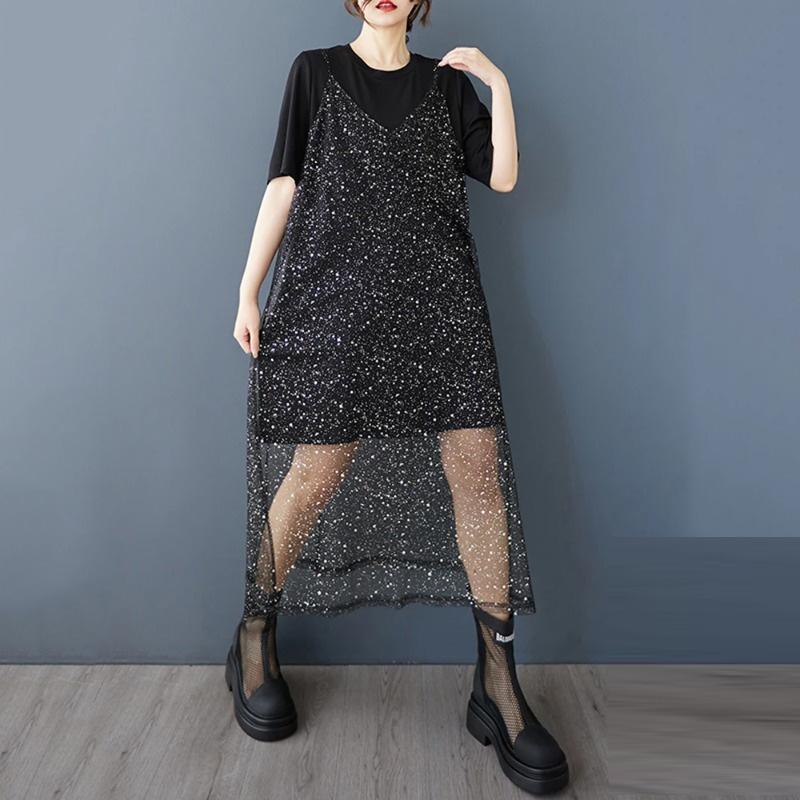 XITAO Mesh Sequin Short Sleeve Dress ZMY1194