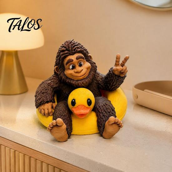Playful Tabletop Accent Sasquatch And Duck Figurine, on Swimming Ring Statue, Unique Shelf Display Statue Funny Animal for Home Decor Novelty