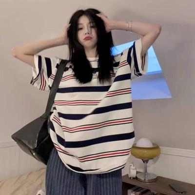 2023 Damen Gestreiftes Kurzarm-T-Shirt, Trendiger Koreanischer Stil, Übergröße, Lässiges Sommeroberteil