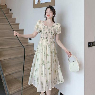 2026 Women's French Floral Puff Sleeve Summer Dress: New Style, Fresh & Gentle, Waist-Cinched, Slimming Skirt