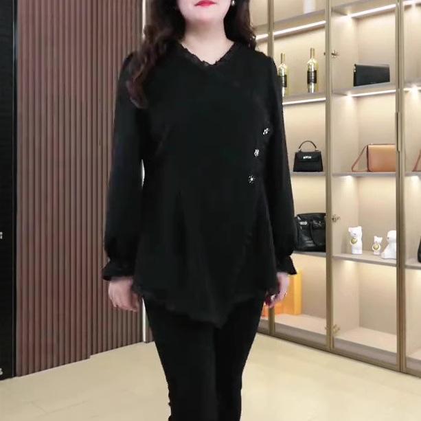 

Autumn/Winter Draped A-line Lapel Top for Middle-Aged Women 5XL (Recommended 200-240 lbs)