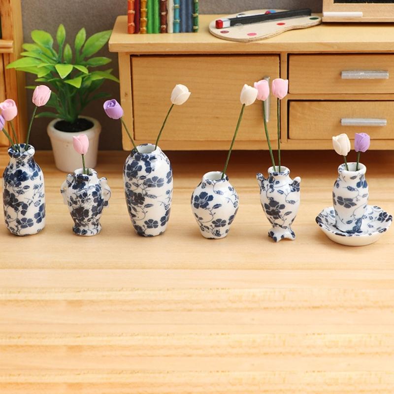1:12 Dollhouse Vase Doll House Vase Vessel Vase Mini Vase Blue & White Porcelain with A Strong Chinese Style Decorat