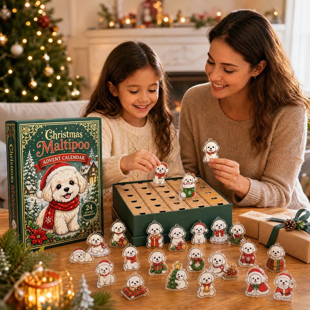 Calendario dell'Avvento di Natale per Cane Maltipoo con Cucciolo Carino Countdown Festivo Acrilico Regalo per Amanti dei Cani