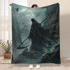 Mid-Century Style Grim Reaper Under Moonlight Throw Blanket – Horror Themed, Soft Flannel Fleece, All-Season Comfort, Unique Kni