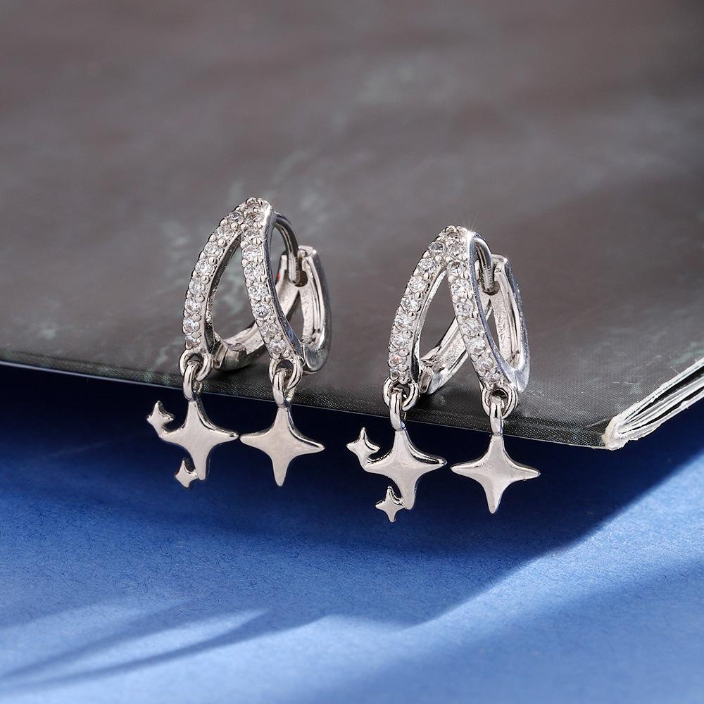 Doppelte Zirkon Stern Ohr Schnalle Trendy Pendler Ohrringe Wind Asymmetrische Tetragonal Stern Fransen Ohrringe