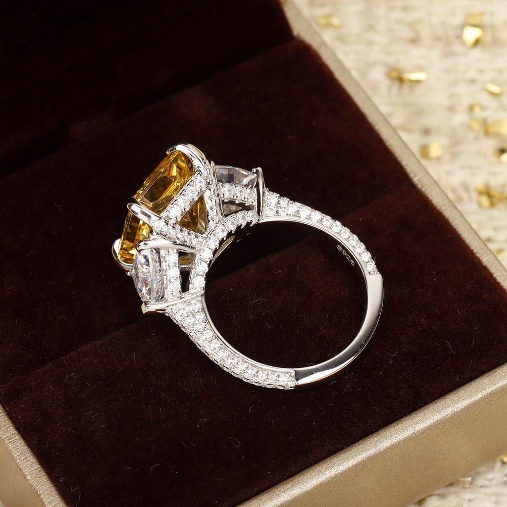 4ct Yellow Diamond Rock Sugar Ring Women's 925 Sterling Silver, Ice Flower Cut Sugar Cube Ring Niche High-end Light Luxury