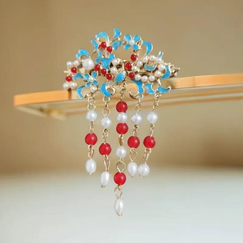 Ancient Style Blue Cloud Pearl Hairpin with Tassel Edge - Elegant Chinese Inspired Hair Accessory