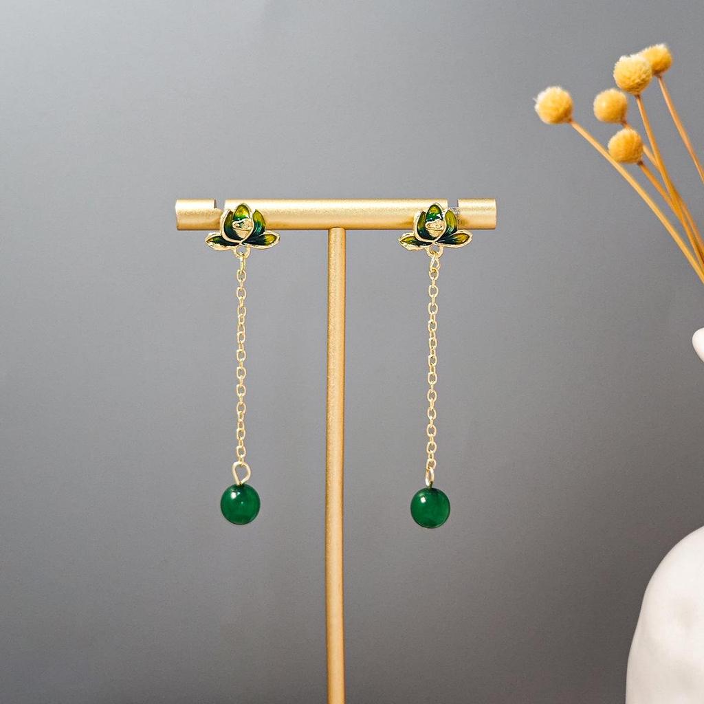 Ancient Chinese Style Beaded Tassel Earrings with Flower Fan and Bowknot