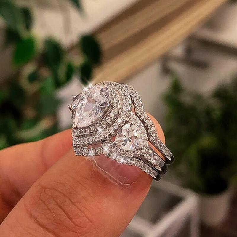 Xiaomi Huitan Gorgeous Pear Cubic Zirconia 3Pcs Set Rings Women for Wedding Engagement Party Luxury Trendy Silver Color Female Jewelry