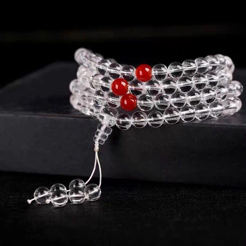 7A Natural White Crystal 108 Mala Beads Necklace & Bracelet - Buddhist Prayer Jewelry , Yoga Meditation Chakra Balancing Gift with Velvet Pouch