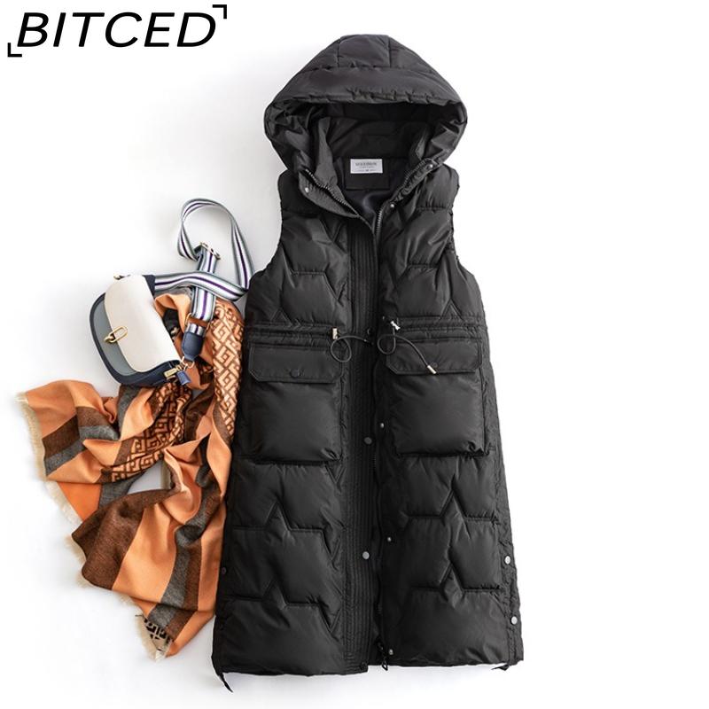 BITCED Women's Plus Size Long Down-Filled Quilted Vest with Hood, Thickened Sleeveless Coat for Autumn/Winter