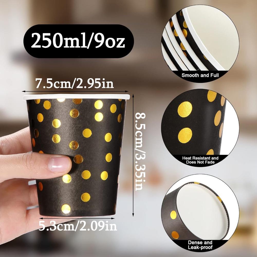 50pcs Disposable Paper Cups Back To School Polka Dot Shot 9 Oz Coffee Drinkware Cup Black and Golden Paper Cups Golden Foiled Dot Paper Cup
