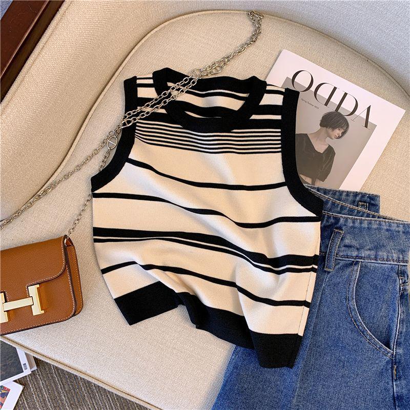

Korean Style Sweet Striped Crop Knit Tank Top - Sleeveless & High Waist Summer Blouse Medium