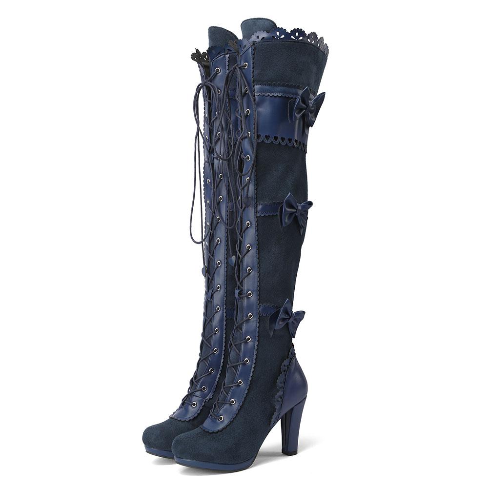 Fashion 2025 Big Size 43 Women's Black Goth Over knee Boots Lace Up Retro Gothic Black High Heels Boots Vampire witch Cosplay Shoes Bow