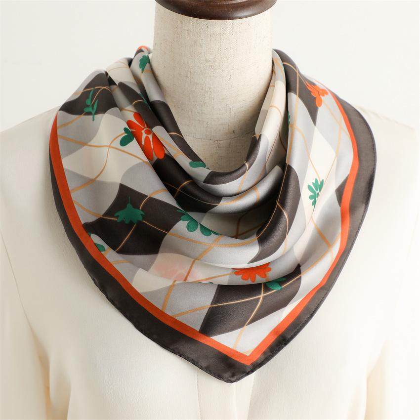 British plaid small fresh silk scarf sunscreen shawl versatile floral scarf imitation silk 71cm square scarf professional scarf