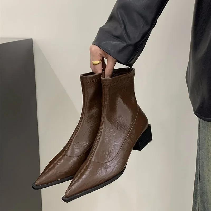 Pointed Toe Women Slim Ankle Boots Fashion Square Low Heel Ladies Elegant Back Zippers Short Booties Women'S Footwear