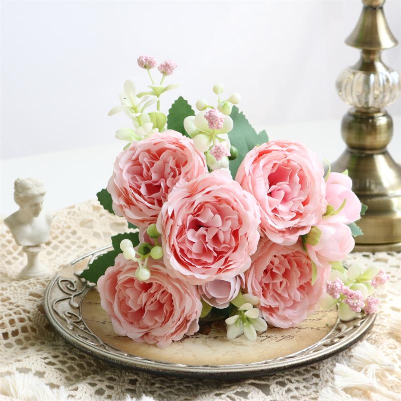Simulate 5 Roses Korean Style Bouquet Persian Ocean Peony Home Vase Arrangement Decoration Wedding Bride Holding Flower Bouquet