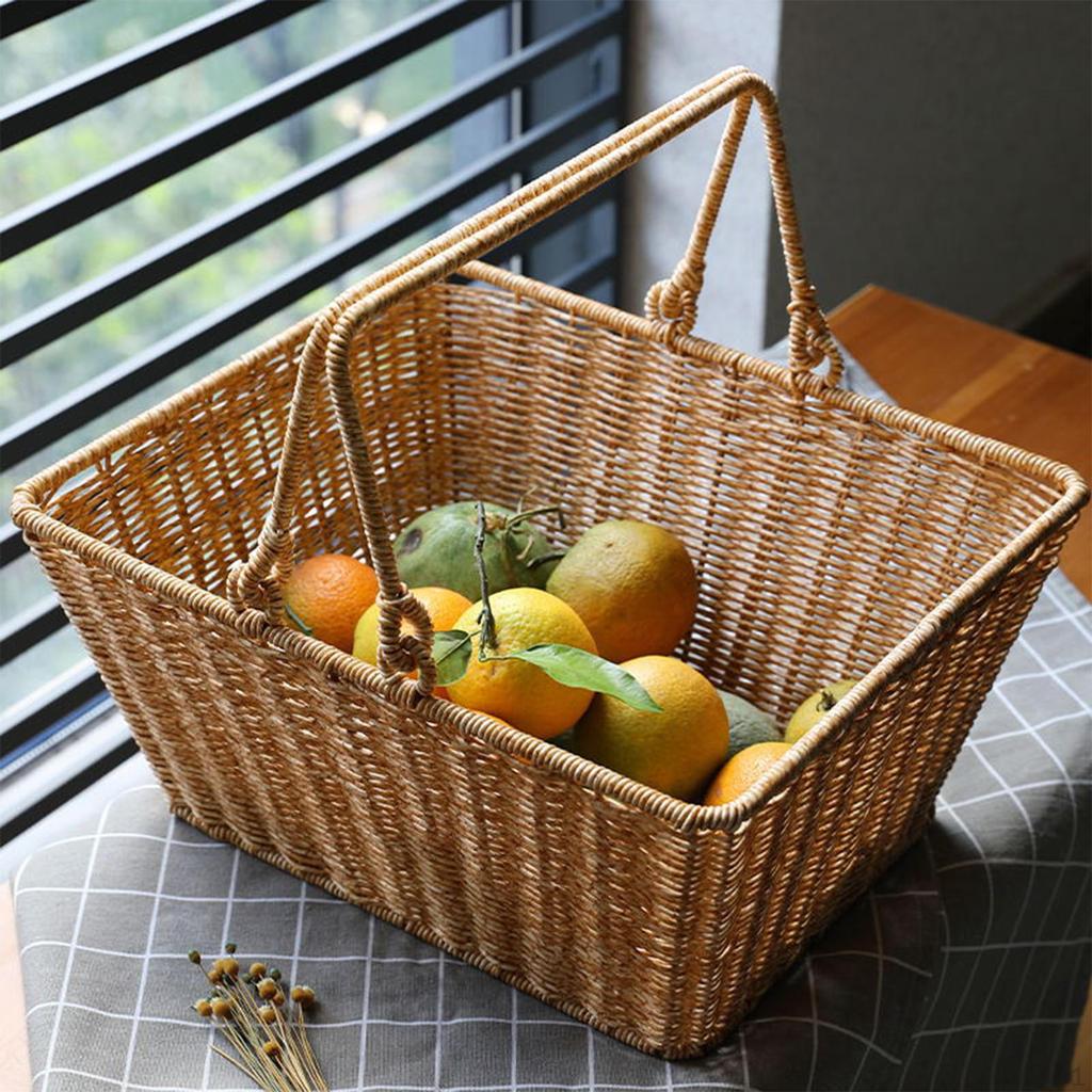 Imitation Rattan Kitchen Tote Basket Multifunctional with Foldable Handle for Dining Table