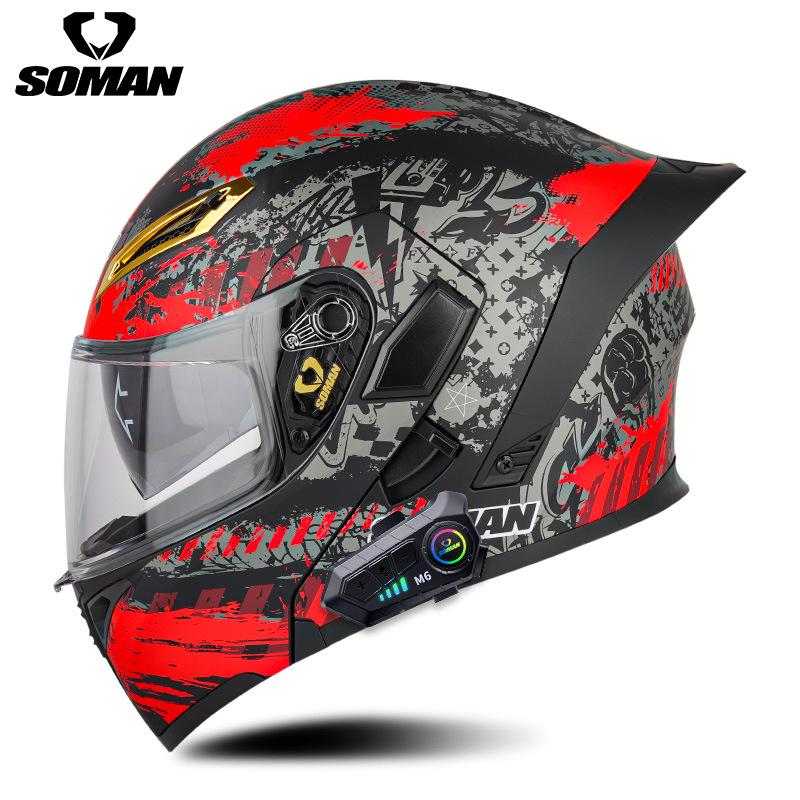 HD Kulaklıklı SOMAN SM955-S Çift Vizörlü Kapaklı Motosiklet Bluetooth Kaskı