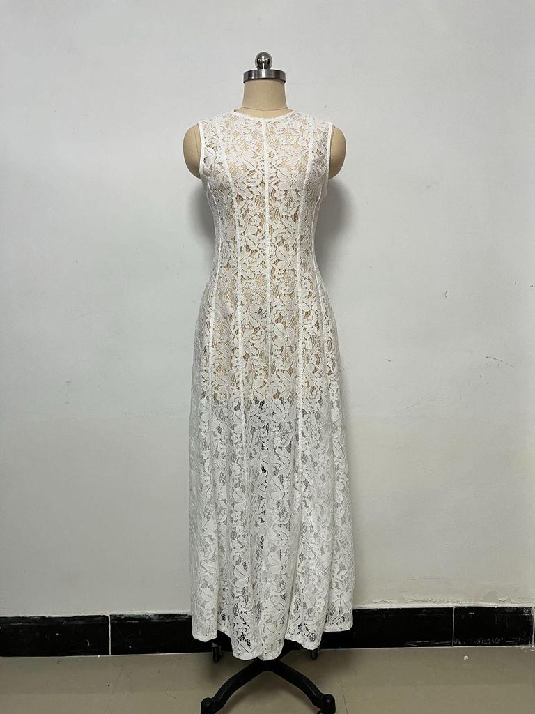 2026 Elegant Women's Sleeveless High Waist Lace Dress