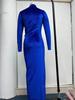 2023 European & American Style High Neck Velvet Long Dress with Slim Fit, Ruched Detailing & Slit - Autumn/Winter Women’s Fashion
