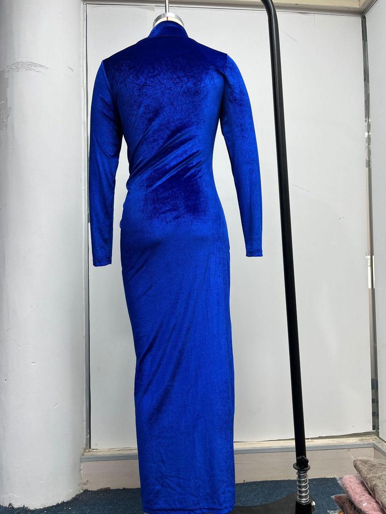 2023 European & American Style High Neck Velvet Long Dress with Slim Fit, Ruched Detailing & Slit - Autumn/Winter Women’s Fashion