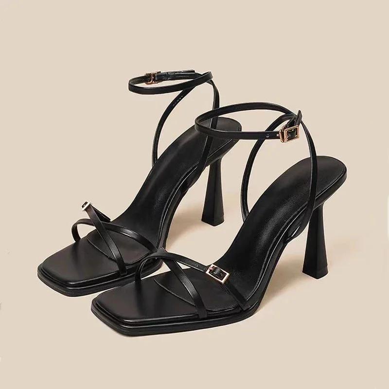 2025 designer women's new fashion letter high heels black super high heels stilettos lace-up sandals for women