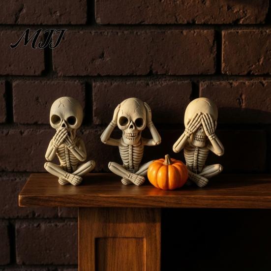 Desktop Gothic Decor 3 Pcs Halloween Skeleton Statue, Hear No See Speak Collectibles for Home Evil Figurines, Craft Ornament Party Funny Figurines