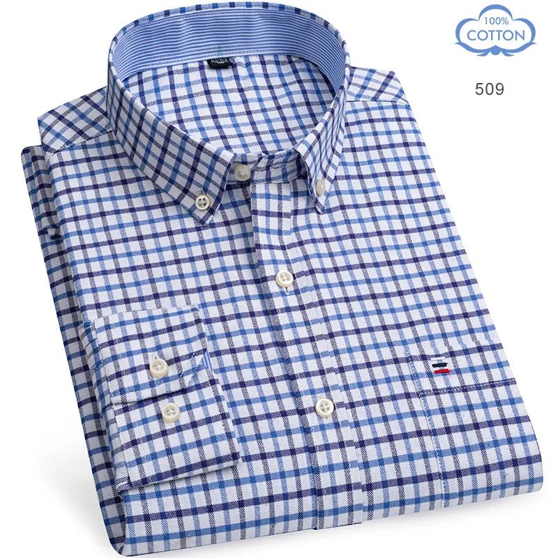 Camisas Oxford de Algodón 100% Puro para Hombre Manga Larga Camisa a Cuadros Rayada Masculina Negocios Tartán Camisa Roja Ropa de Diseño para Hombre