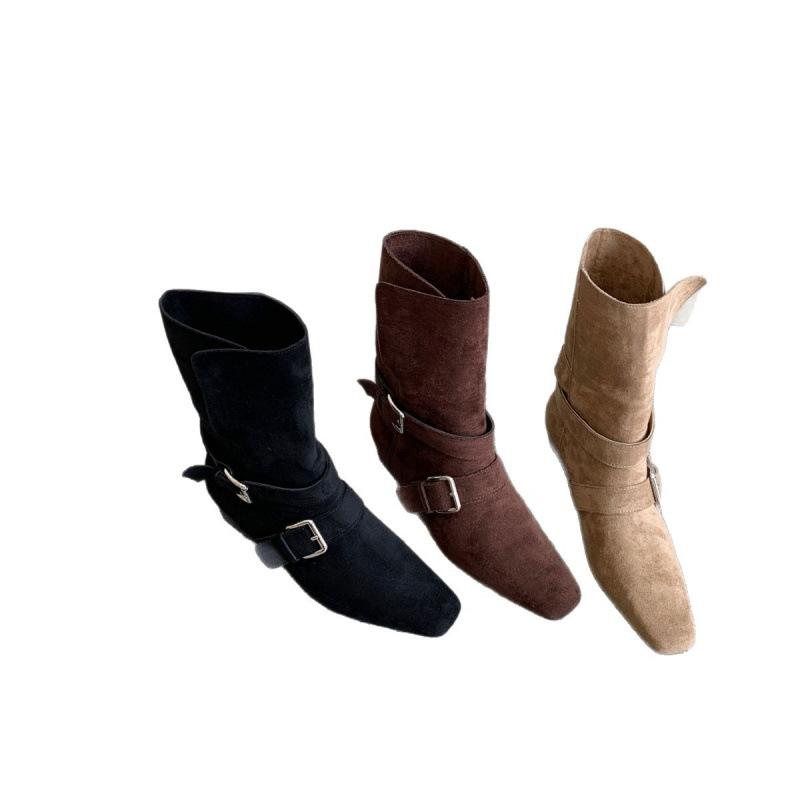 Thick Heel Retro Suede Thin Short Boots Knight Boots Women's Shoes 2025 New Autumn and Winter French Belt Buckle Medium Boots