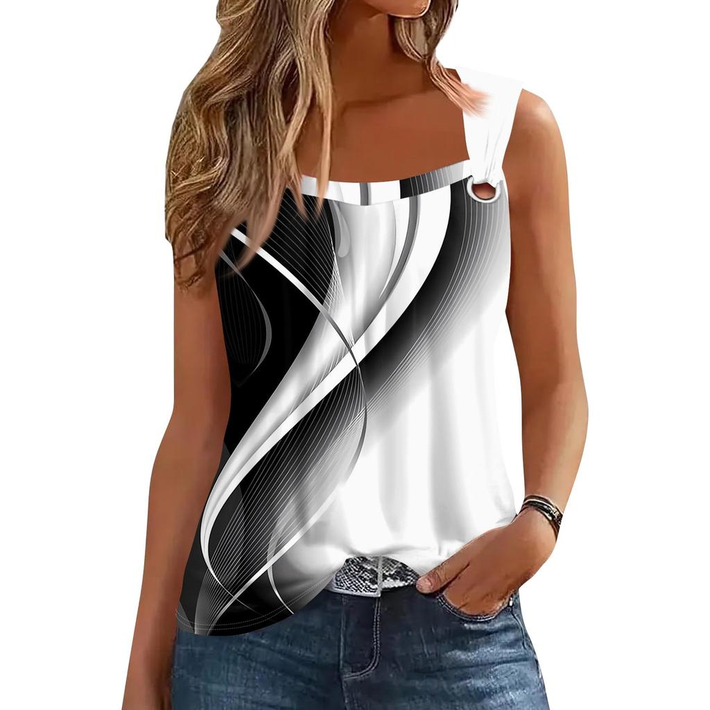 Summer Tank Tops For Women Pleated Square Neck O Ring Shoulder Sleeveless Top Casual Loose Fit Trendy Blouse