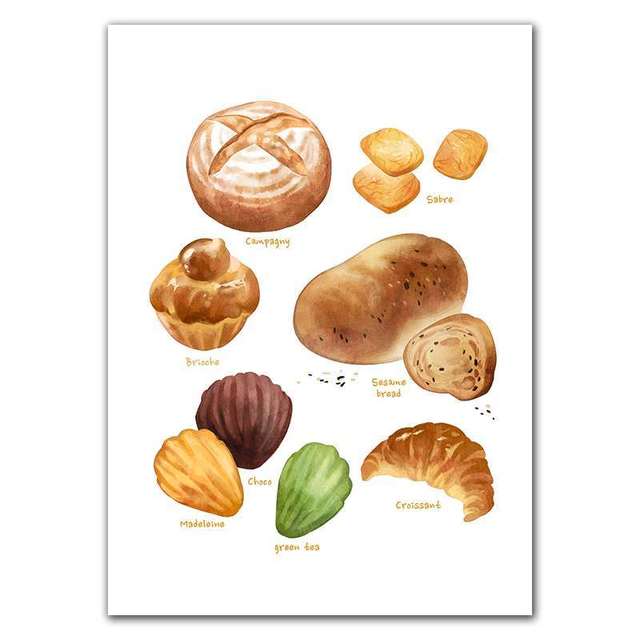 Breakfast Food Posters and  Prints Cake Bread Puff Tea Dessert Wall Art HD Pictures Canvas Painting for Coffee Shop Bakery Decor