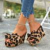 European and American leopard print bow wedge slippers one-word high heel temperament commuter comfortable slippers