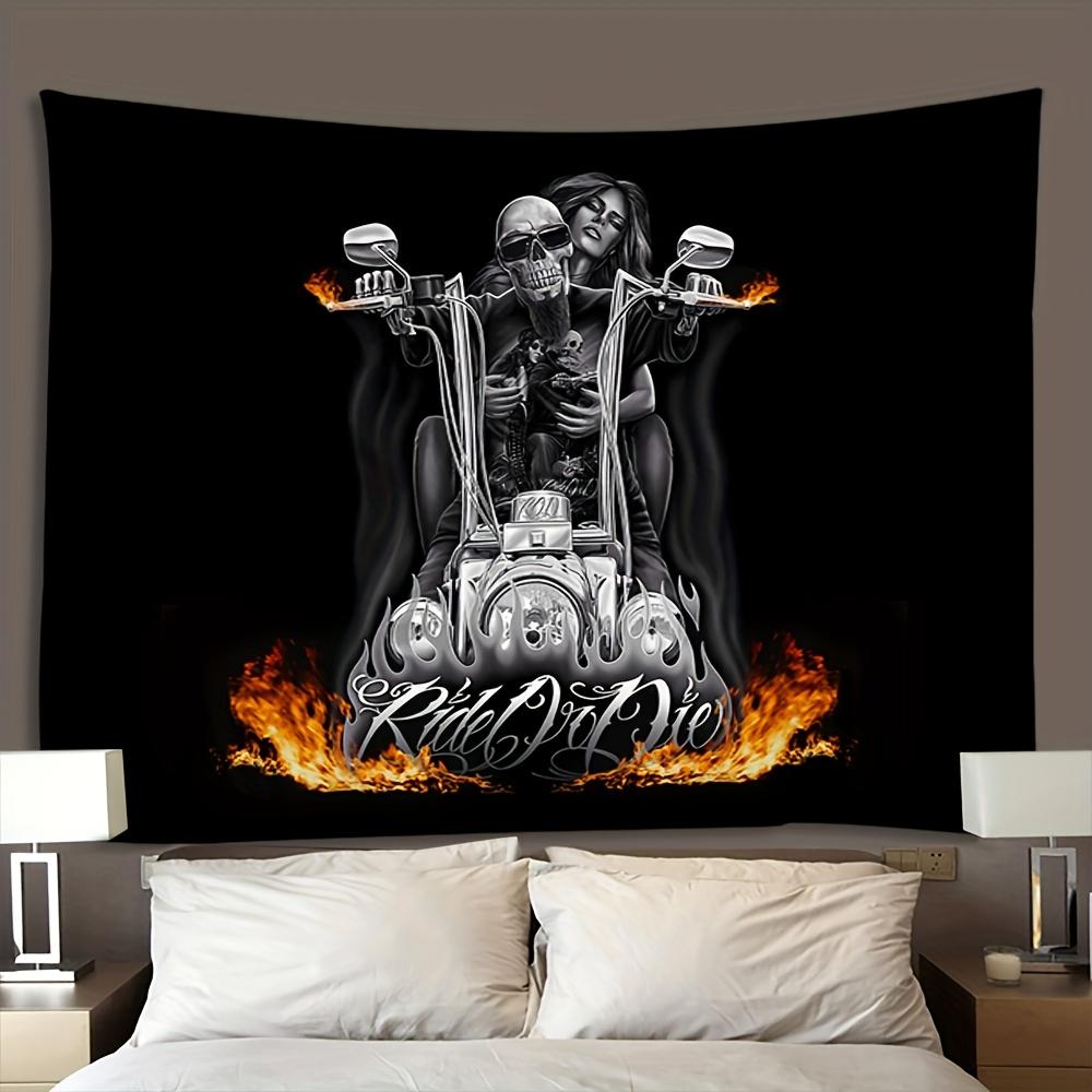 VIKAMA Motorrad Totenkopf Wandteppich Biker Mädchen und Flammender Totenkopf Amerikanischer Retro Wohnzimmer Sofa Hintergrund Wand Raumdekor