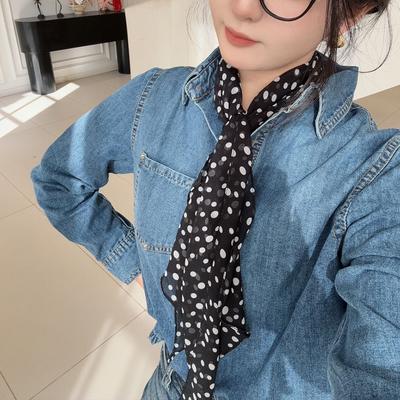 French Lazy Style Black Polka Dot Long Silk Scarf Light Luxury Retro High-End Temperament Thin Scarf Tied Hair Band