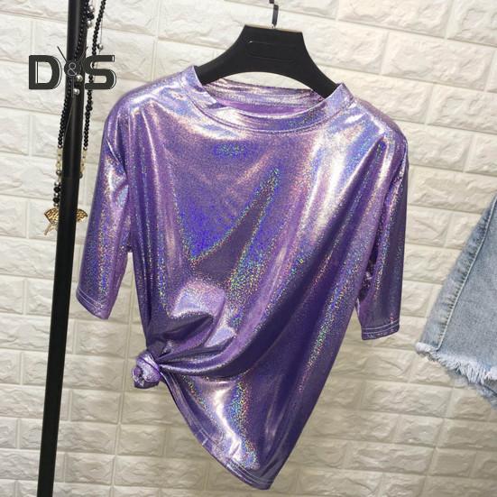 Dámské funkční triko s kulatým výstřihem, krátký rukáv, volný střih, třpytivé reflexní triko Tričko Party Dance Pullover Top