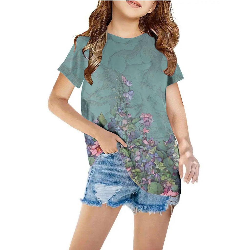 Kids T-shirts Summer Children's Clothing Flower Digital Print Girls' Round Neck Short Sleeved T-shirt