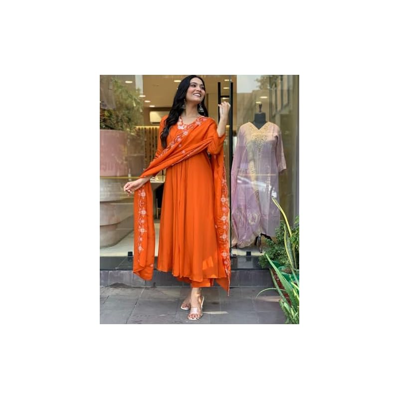 GoSriKi Women's Rayon Blend Anarkali Thread Work Kurta with Pant & Dupatta (ASHVTHAMA ORANGE-GS_S_Orange_Small)